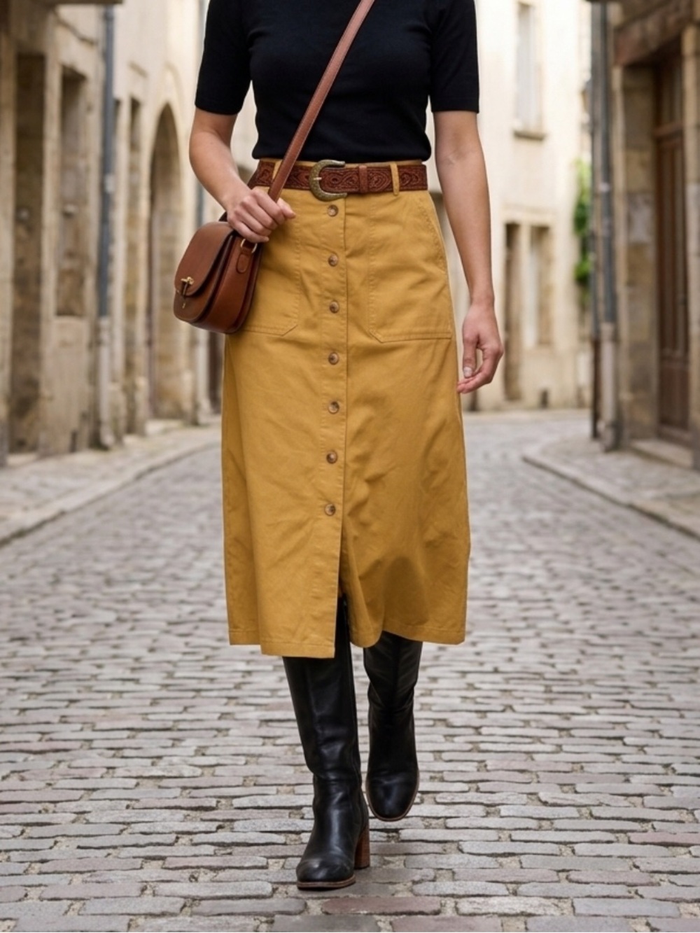NWT FRNCH Paris High Waist Button Front A Line Mustard Midi Skirt Medium